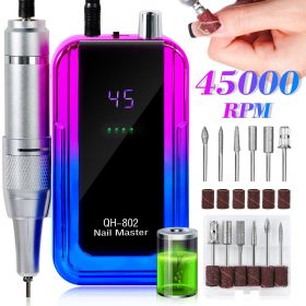 Professional Electric Nail Drill, 45000 RPM Cordless Rechargeable E-File Machine, With 6 Bits, Sanding Bands, LCD Display For Acrylic Gel Nails (Color: Blue)