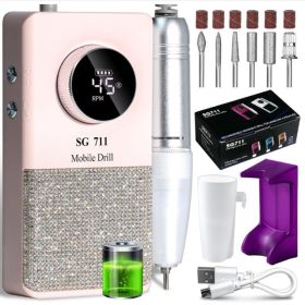 Professional Electric Cordless Nail Drill File-Glitter Portable Cordless E-File Nail Drill Kit With 6 Drill Bits 45000RPM Rechargeable Nail Drill (Color: Pink)