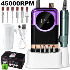 Electric Nail Drill Professional Kit - 45000RPM Portable Nail File Electric E File With 6 Bits & Base-LED Screen-Ultra-Silent, Rechargeable Nail (Color: Purple)