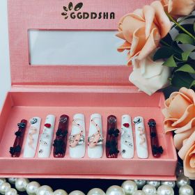 GGddsha Long Handmade PMMA Acrylic Press On Nails WithRhinestone Snake Rose Design, Dark Bear Nails,Reusable Fake Nails W Box, Gift For Women,Sca (Option: L)