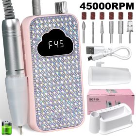 Professional Rechargeable Nail Drill Machine - 45000RPM Glitter Portable Cordless Nail Drill, Electric Nail File Kits With Bits & Base Easy Use E (Color: Pink)