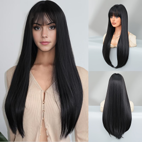 Stylish Synthetic Wig With Straight Hair, Non-toxic Wig, 26-inch Heat-resistant Long Black Hair, Bangs And Rose Net Hat, Suitable For The Whole S (Option: 1B-26inch)