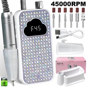 Professional Rechargeable Nail Drill Machine - 45000RPM Glitter Portable Cordless Nail Drill, Electric Nail File Kits With Bits & Base Easy Use E (Color: White)