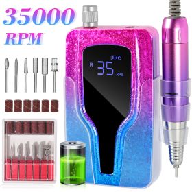 Professional Electric Nail Drill, 45000 RPM Cordless Rechargeable E-File Machine, With 12 Bits, Sanding Bands, LCD Display For Acrylic Gel Nails (Color: Purple)