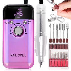 Electric Nail Drill Professional 45000RPM - Rechargeable Nail Drill Kit Portable Electric Nail File With Complete Bits For Acrylic Nails Gel Poli (Color: Purple)